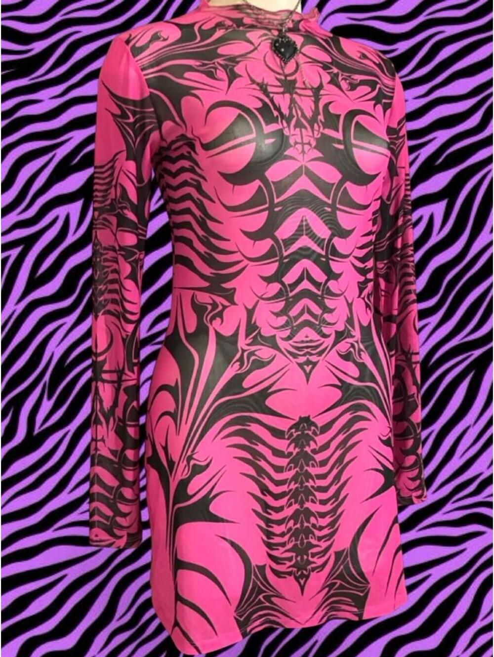 SICKK Widow black/pink mesh tattoo dress with black/pink tribal-sty
